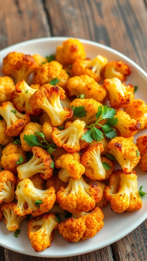 Easy Cauliflower Recipe: Roasted Cauliflower with Garlic Roasted cauliflower florets on a plate, garnished with parsley, on a rustic wooden table.